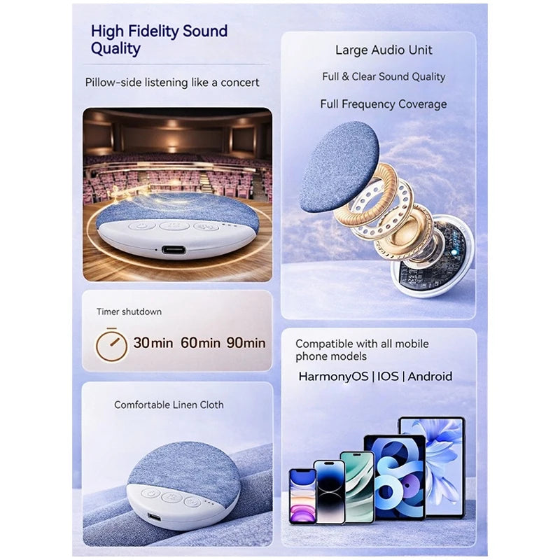 2026 Upgraded Wireless Sleep Aid Pillow Speaker Bluetooth Under Pillow Machine With White Noise 30/60/90 Min Timer Stereo Sound