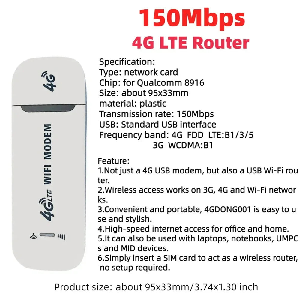 4G LTE Wireless USB Dongle 150Mbps Mobile Broadband Modem Stick 4G SIM Card Hotspot Router for Home Office Wireless WiFi Adapter