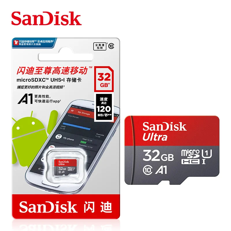 Original SanDisk A1 Memory Card 256GB 128GB 100MB/S 64GB 32GB Micro SD Card Class 10 UHS-1 Flash MicroSD TF + Type-C Card Reader