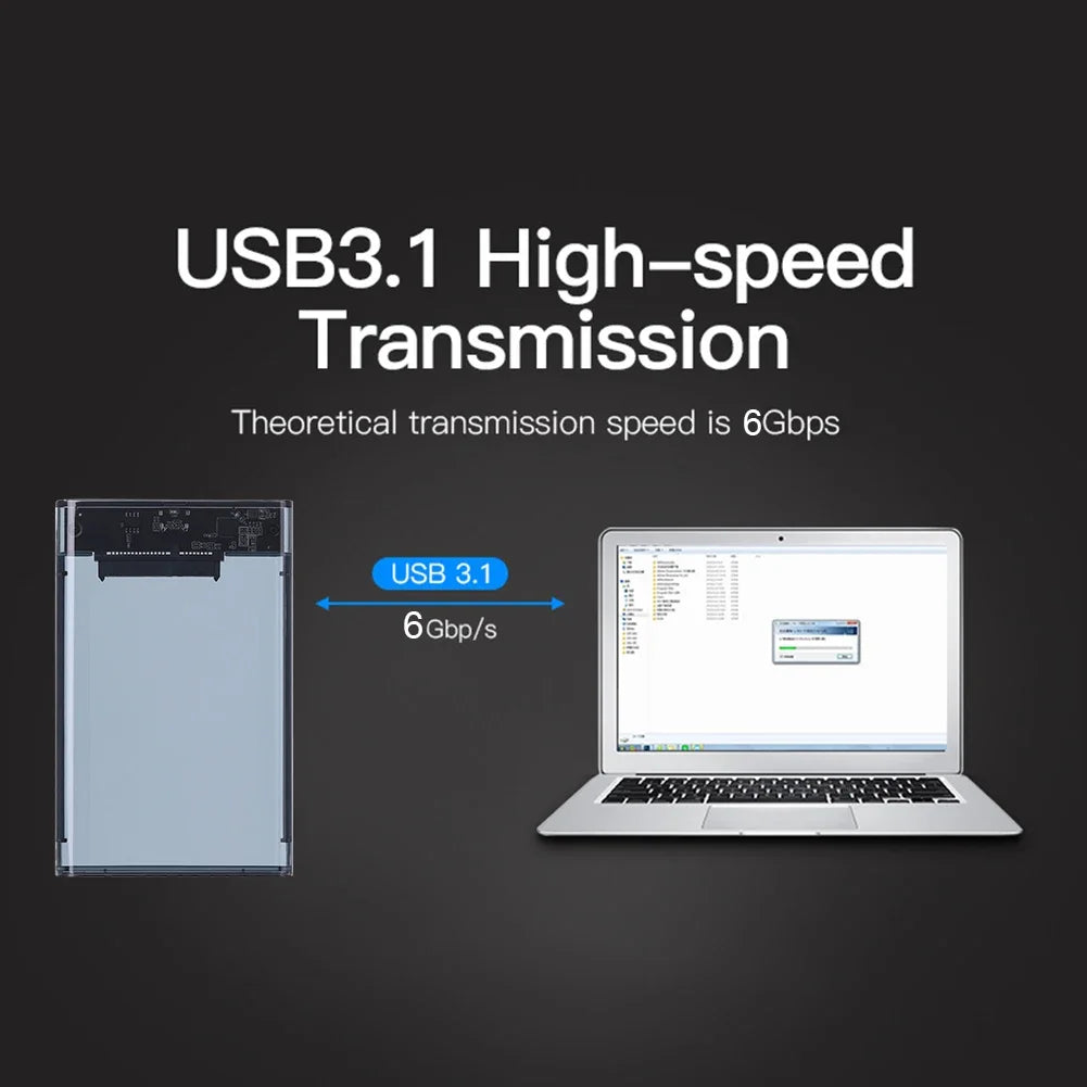 USB External Hard Drive Enclosure 2.5 inch SATA to USB UASP Clear Portable Hard Drive Case 2T HDD Tool-Free Transparent