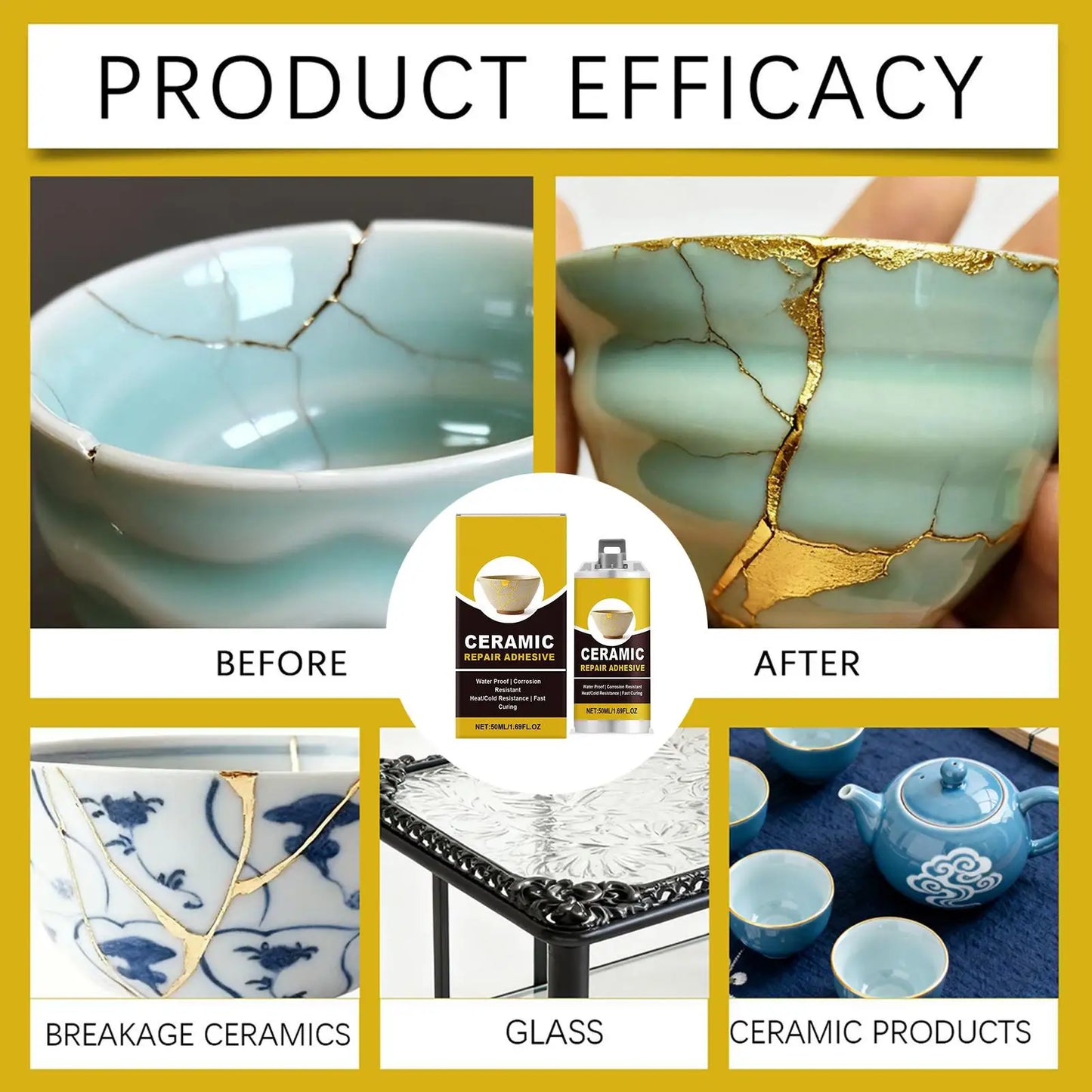 Ceramic Repair Kit - Food Safe Adhesive in Kintsugi Style - Mends Broken Pottery, Dishes, Figurines for Kitchen & Bathroom