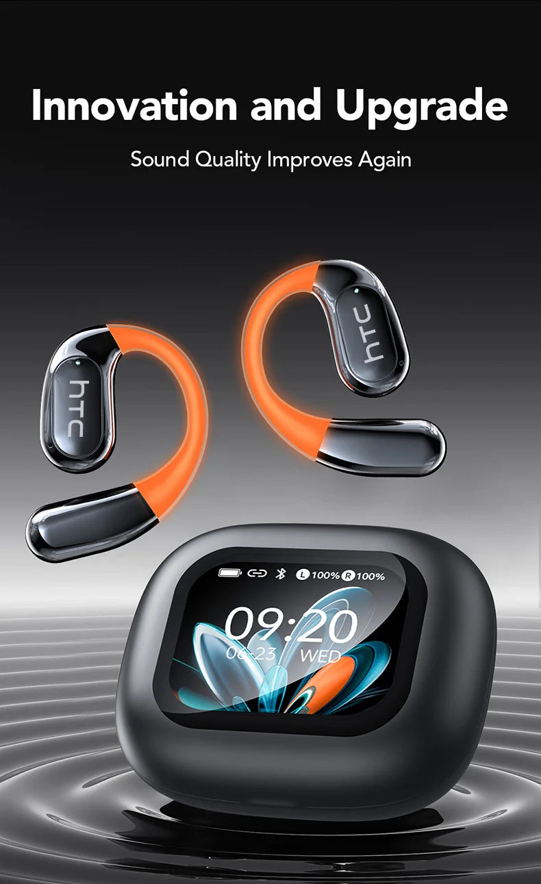 HTC NE27 Wireless Headphones Bluetooth 5.4 AI Translator Earbuds Glowing Earhook Upgraded LCD Touchscreen ENC Noise Reduction