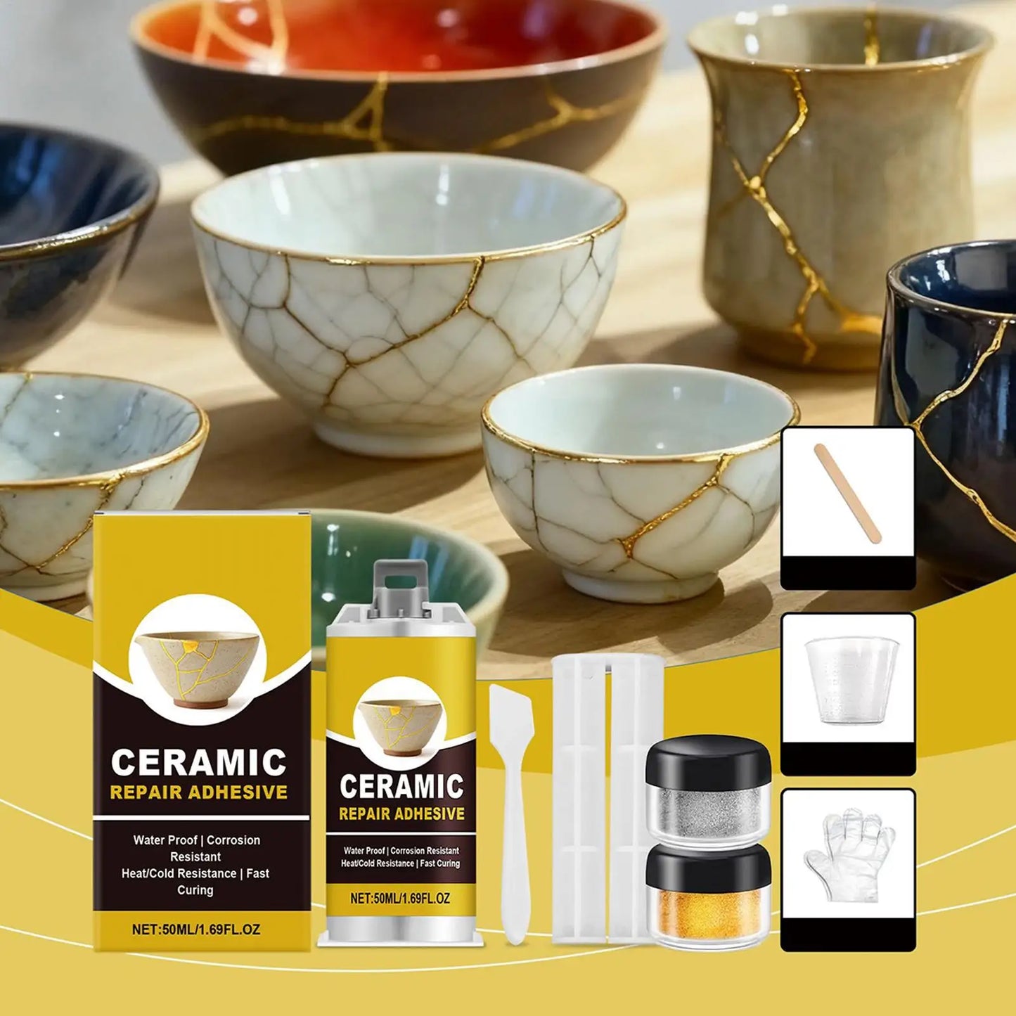 Ceramic Repair Kit - Food Safe Adhesive in Kintsugi Style - Mends Broken Pottery, Dishes, Figurines for Kitchen & Bathroom