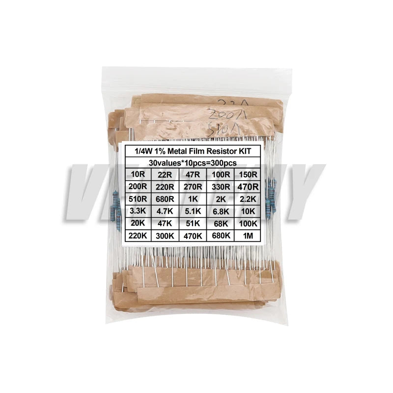 300/600PCS 30Values 1/4W Metal Film Resistor Kit with Box 10Ohm ~1M Resistance 1% Set of Resistors