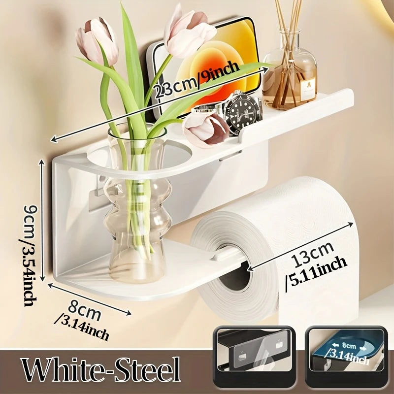 Self Adhesive Toilet Paper Holder with Phone Shelf Stainless Steel Wall Mounted Toilet Paper Roll Holder - Rustproof