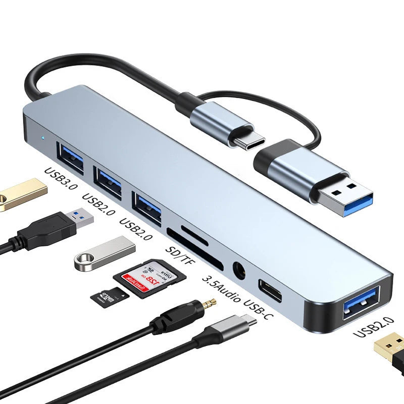 8 in 2 USB +Type C HUB Docking Station with 3.5mm Audio Jack Adapter for Micro SD Card Reader Laptop Tablet Phone Disk Converter
