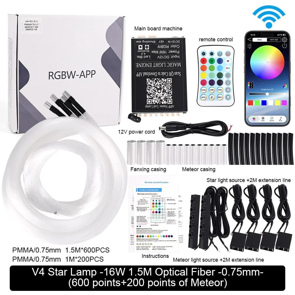 RGB Led Star Roof Starlight Headliner Remote Control Fiber Optic Lamp APP Voice 16W Twinkle Starry Sky Car Star Ceiling Light