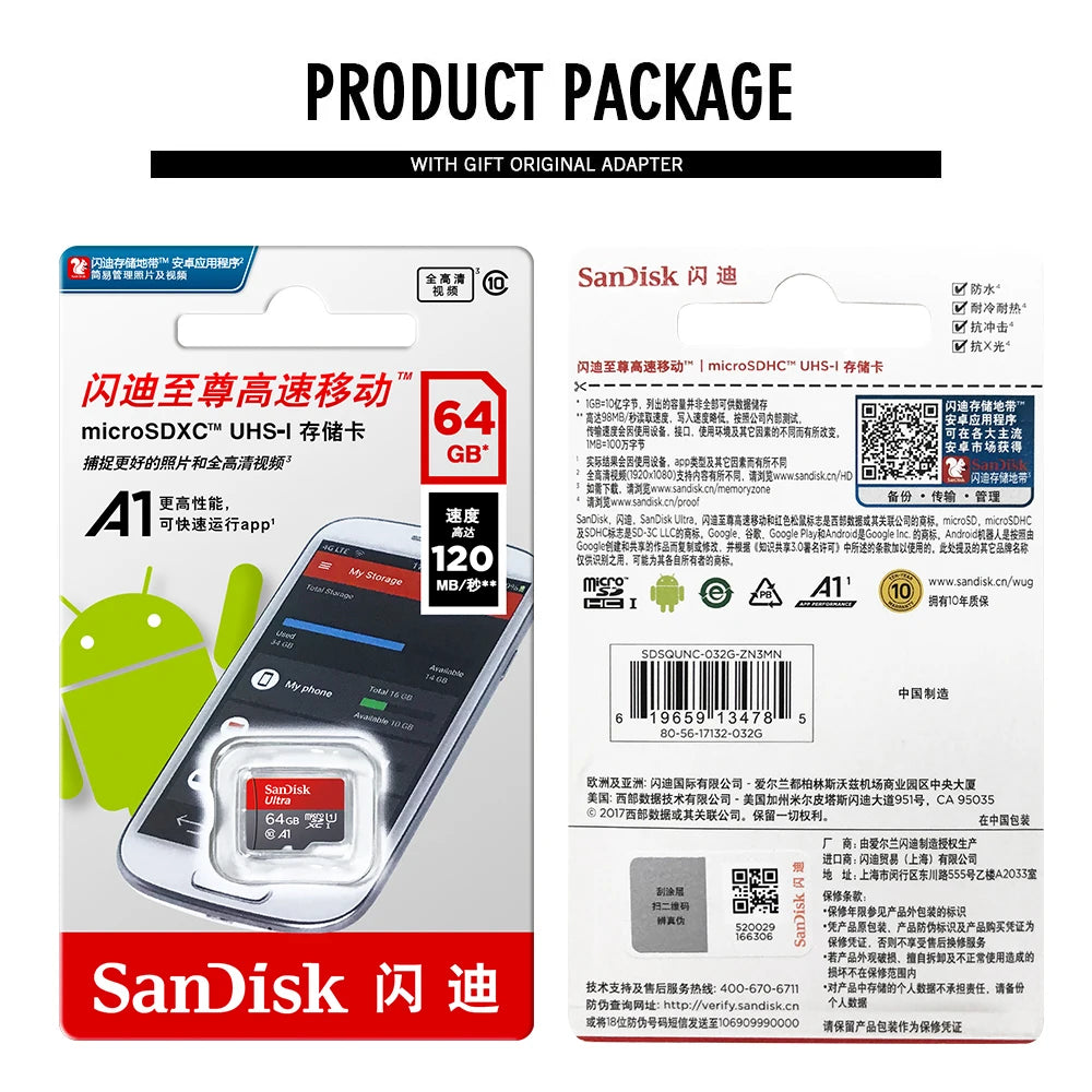 Sandisk Memory Card 256GB 128GB 64GB 32GB TF Micro SD Card Class 10 UHS-1 Flash Card Memory for Smartphone PC+Card Reader