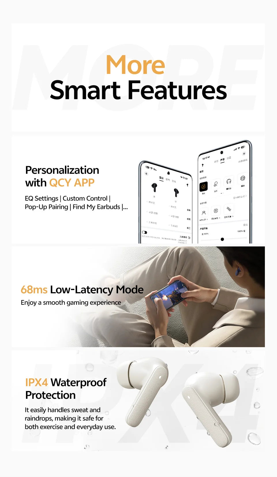 QCY Buds TWS Bluetooth 5.3 Wireless Earphones 10mm Dynamic Driver AI Wind Noise Reduction Earbud 0.68S Low Latency 35H Headphone