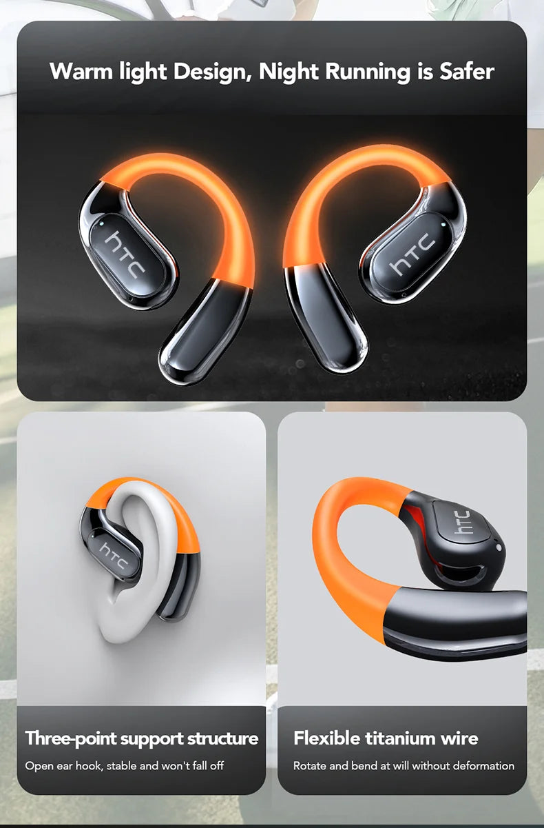 HTC NE27 Wireless Headphones Bluetooth 5.4 AI Translator Earbuds Glowing Earhook Upgraded LCD Touchscreen ENC Noise Reduction