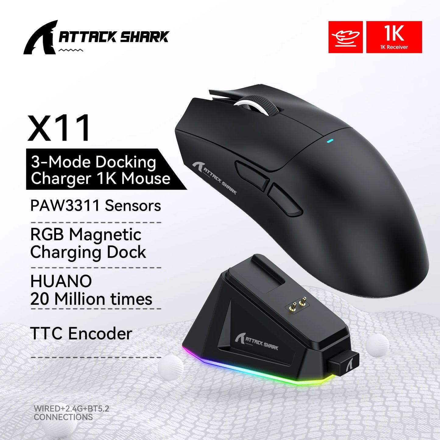 ATTACK SHARK X11-Mouse Tri-Mode Lightweight Gaming Mouse,PAW3311,22000DPI,400IPS,40G,1K Return Rate,Magnetic Fast Charging