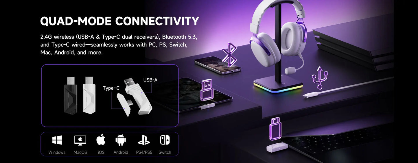 AKKO Verge S9 E-Sports Headset with Mic Quad-Mode Gaming Headphone 7.1 Channel Surround Sound Pro-Tuned FPS Audio 53mm Driver