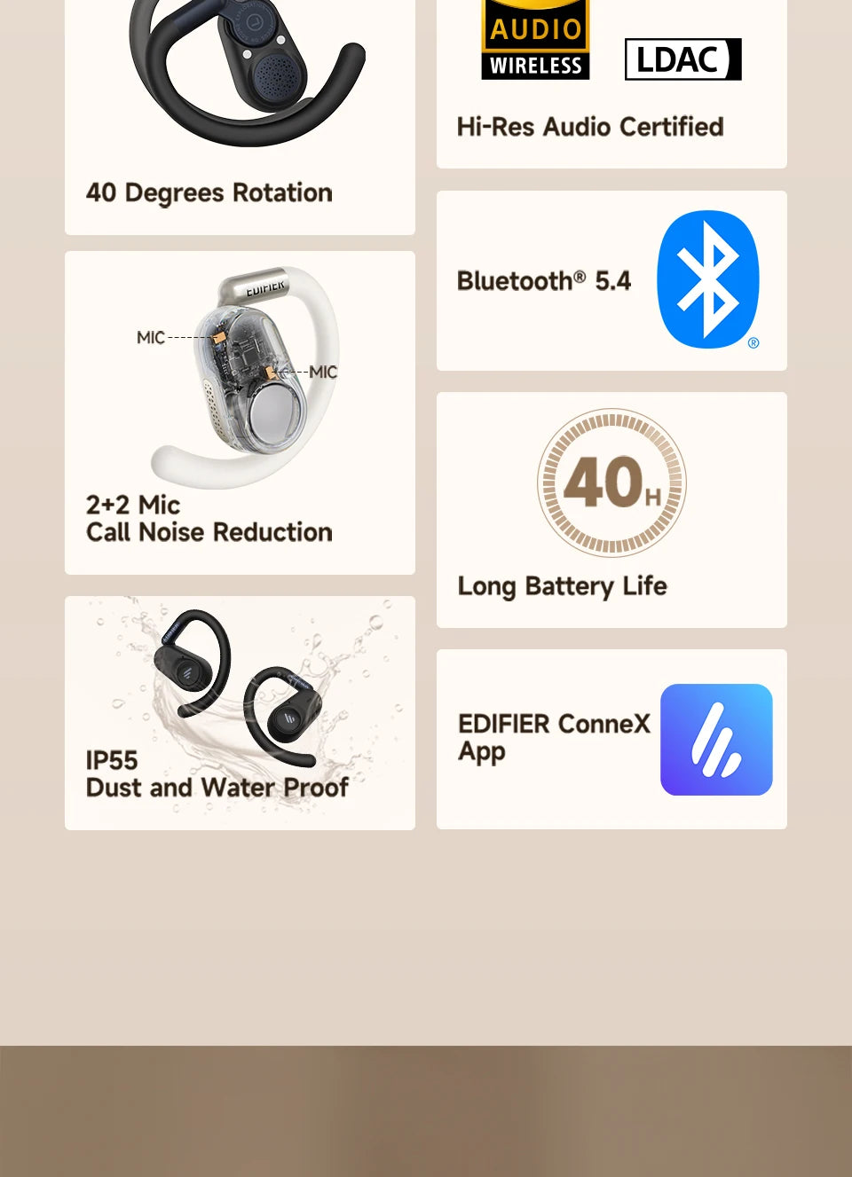 Edifier A6 Open Ear Bluetooth Earphones Ear Hook Headphones Hi-Res Wireless Audio IP55 Waterproof 40hrs Playtime LDAC Codec