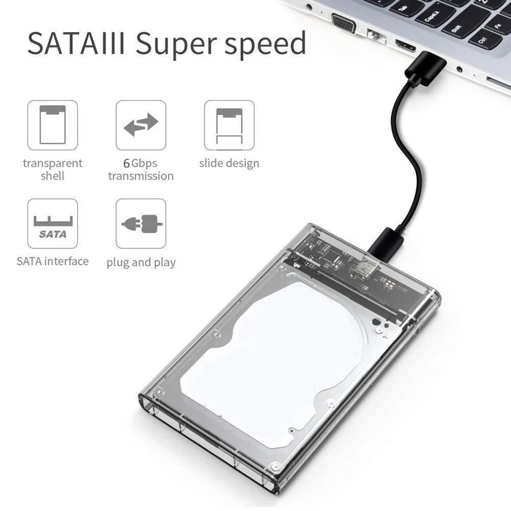 USB External Hard Drive Enclosure 2.5 inch SATA to USB UASP Clear Portable Hard Drive Case 2T HDD Tool-Free Transparent