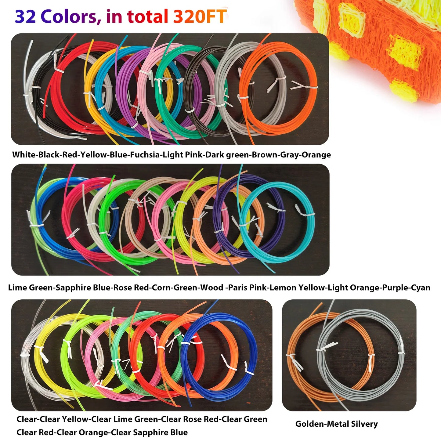 32/15/10 Colors 3D Pen Filament Refills 1.75mm PLA, Each Color 10Feet(3m), Total 320/150/100 Feet (96/45/30m), Random Color