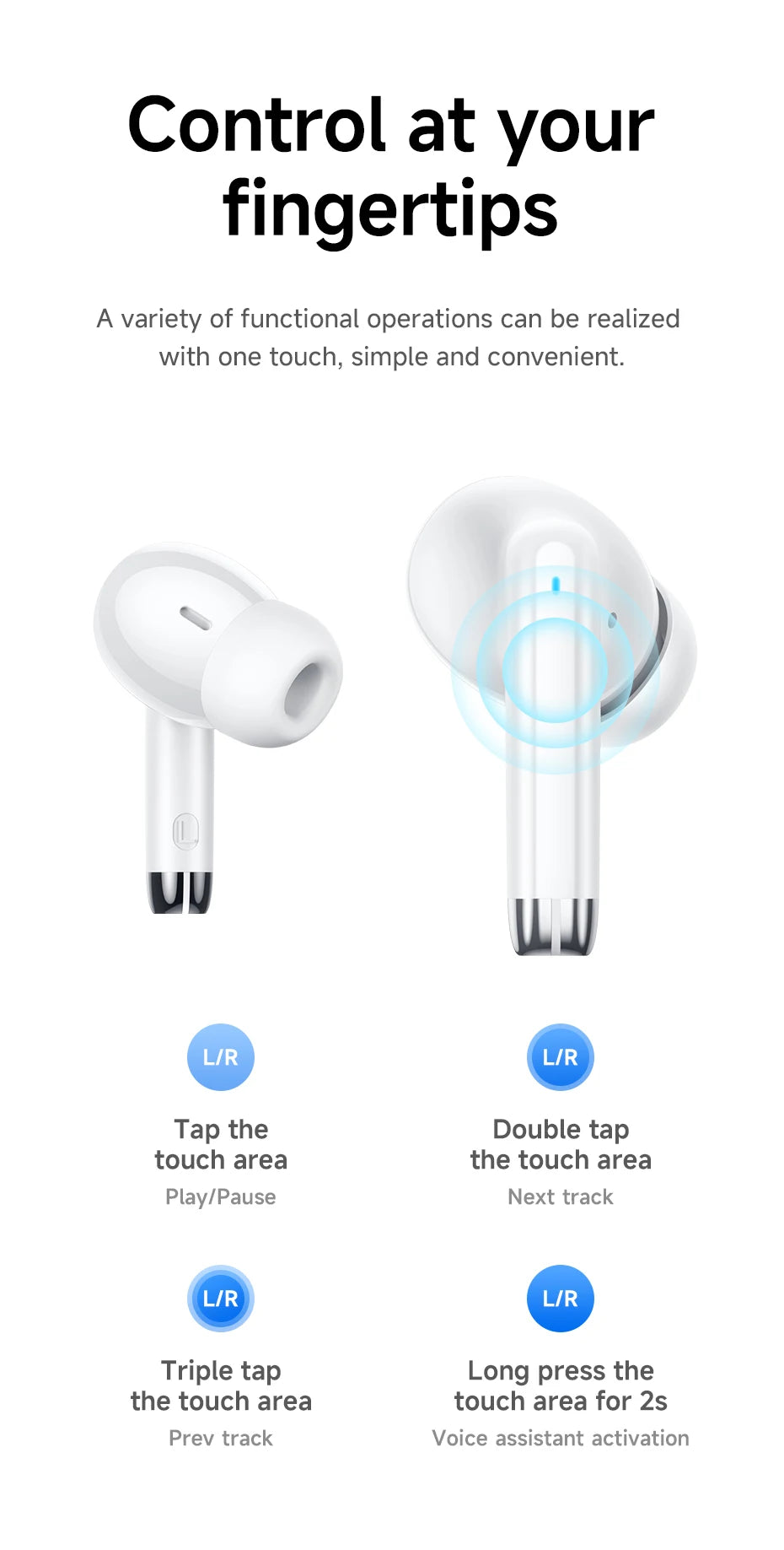 HOCO EQ2 True Wireless Bluetooth 5.3 Earbuds Touch Control Stereo In-Ear Headphones Built-In Microphone Sports Compatible
