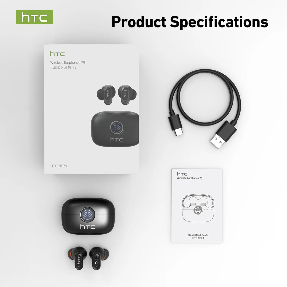 HTC NE79 TWS Bluetooth 6.0 Earbuds AI Translation 135 Languages ENC Noise Cancelling HiFi Stereo Headphones with LED Display