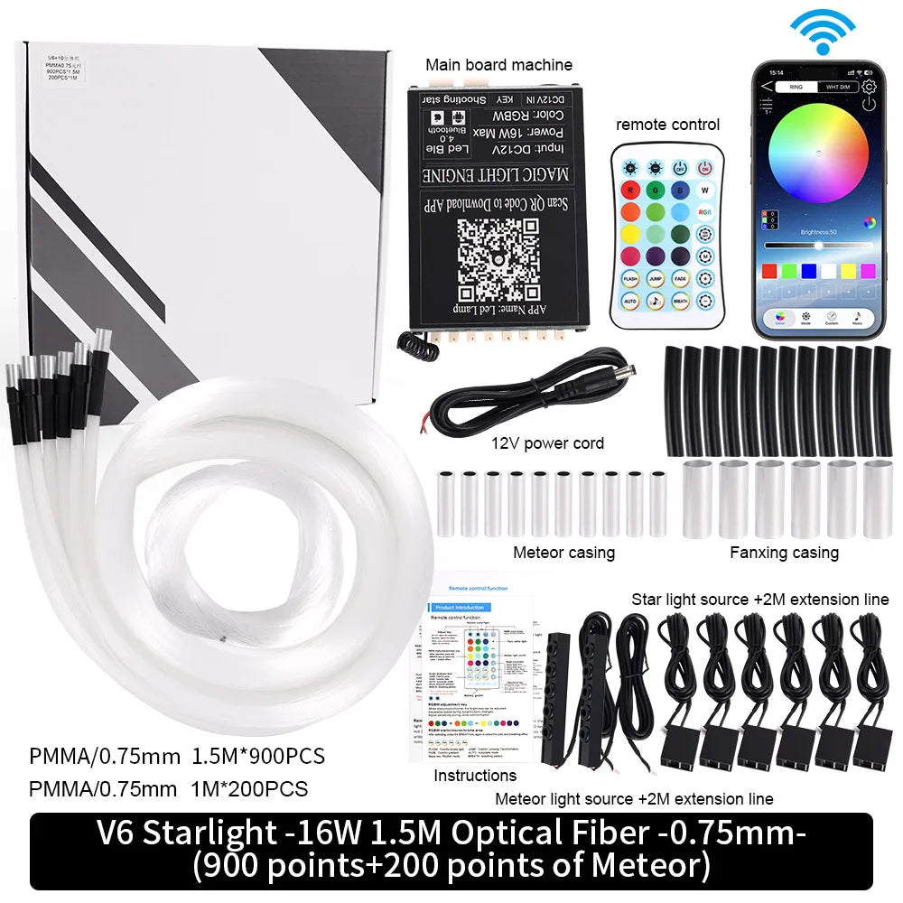RGB Led Star Roof Starlight Headliner Remote Control Fiber Optic Lamp APP Voice 16W Twinkle Starry Sky Car Star Ceiling Light