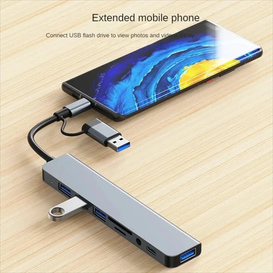 8 In 2 USB +Type C HUB With Splitter Card Reader, USB C Port, USB 3.0 / 2.0, SD/TF Splitter Card Reader, Docking Station