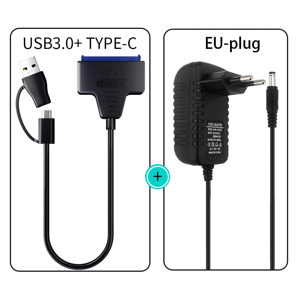 USB 3.0 to SATA Cable for 3.5/2.5 Inch SSD HDD SATA III Hard Drive Disk with 12V/2A Power Adapter