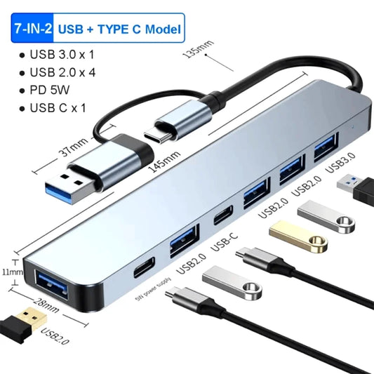 USB 3.0 HUB 7 Ports Type C Docking Station 5Gbps High Speed Transmission OTG Adapter Splitter Concentrator TF Card For Laptop PC