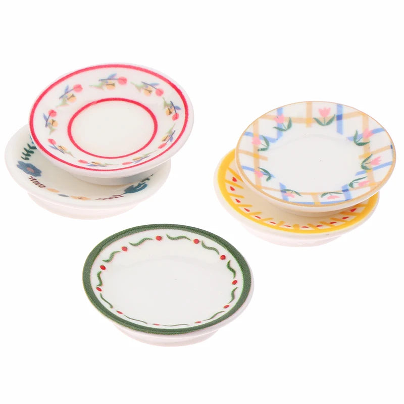 1/12 Dollhouse Mini Plates Dishes Model Dollhouse Simulation Kitchen Decoration Dolls House Accessories Pretend Play Toys 5PCS
