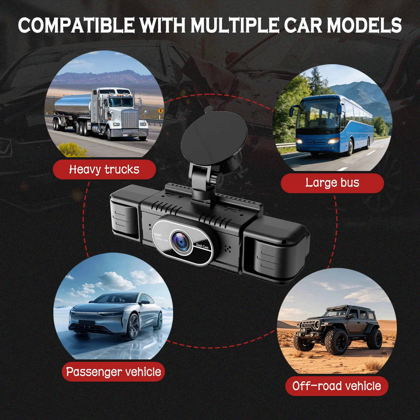 BCUOZ 4-Lens 360° Dashcam with Super Night Vision - 1080P Front 720P Rear Left Right Car Cameras G-Sensor Loop Recording WDR 12-24V Plug Power Supply Optional 64GB Memory Card