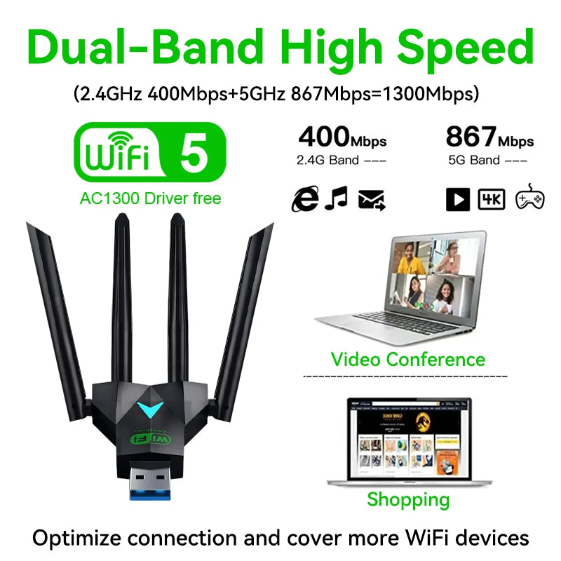 1300Mbps WiFi USB Adapter Dual Band 2.4G/5Ghz Wi-Fi Dongle USB3.0 High-Speed 802.11AC 4-Antennas Wireless Receiver Driver Free