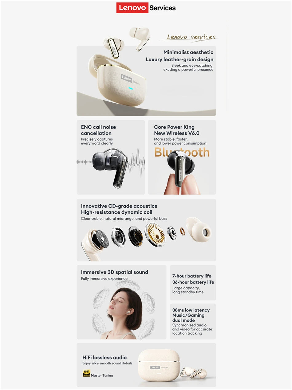 Choice Lenovo LE208 Wireless Bluetooth Leather Earphones Stereo ENC Noise Cancelling Headphone 38ms Low Latency Gaming Headset