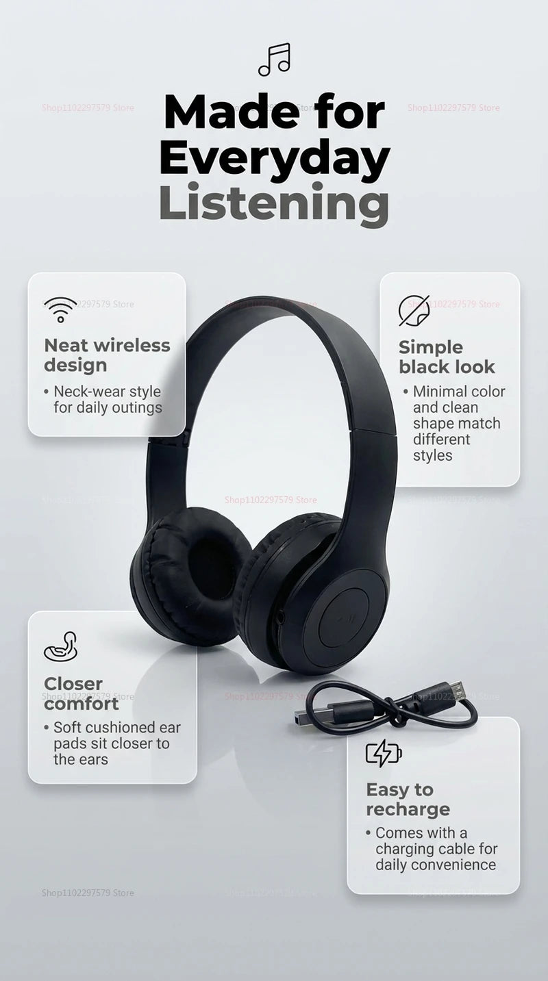 Wireless Bluetooth Headphones Head Mounted P47 Foldable Bass Sport Earphones Universal for Mobile Computer PC Gaming Running Gym
