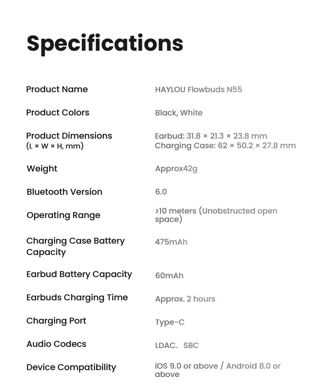 HAYLOU Flowbuds N55 Wireless Earbuds 54dB Adaptive ANC Bluetooth 6.0 LDAC Hi-Res Audio 6-Mic HD Call Earphones 40H Playback IPX5