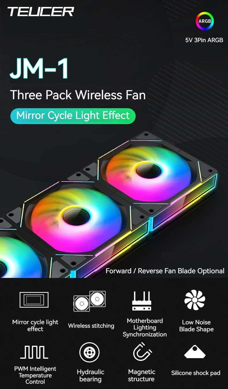 TEUCER JM-1 Computer Case Fan ARGB Mirror Cycle Light Effect 120mm 4Pin PWM PC Cooling Fan Low Noise Water Cooling Ventilador