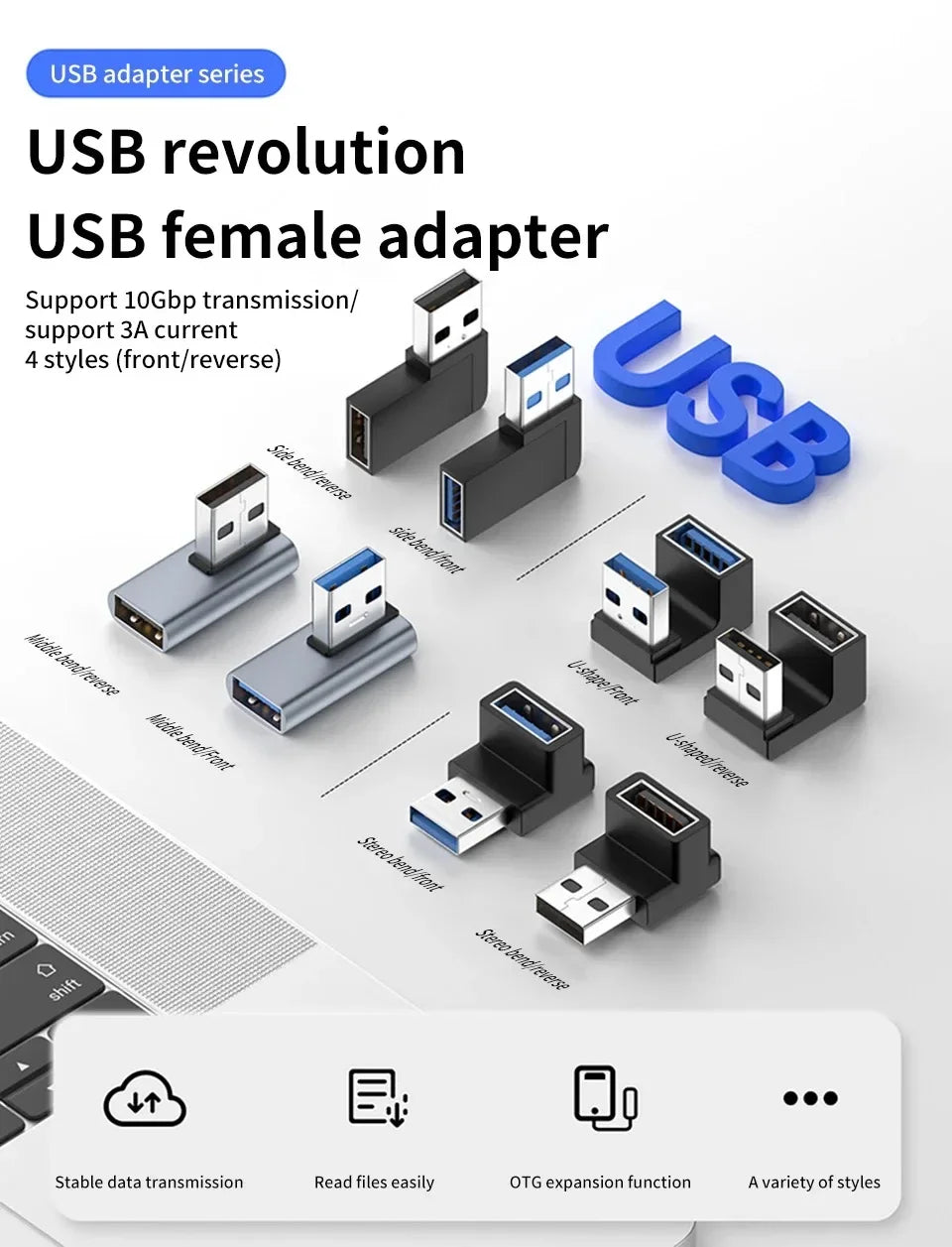 90 Right Angle USB 3.0 Extension Adapter Upward Elbow 10Gbps USB Connector for PC Male To Female Extension Plug Converter