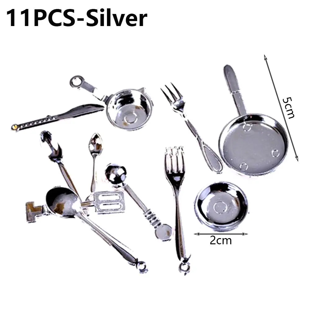 10/11PCS 1:12 Scale Food Toys Pan Fork Pot Playing House Miniature Cookware Dollhouse Kitchen Dinnerware Model Doll Accessories