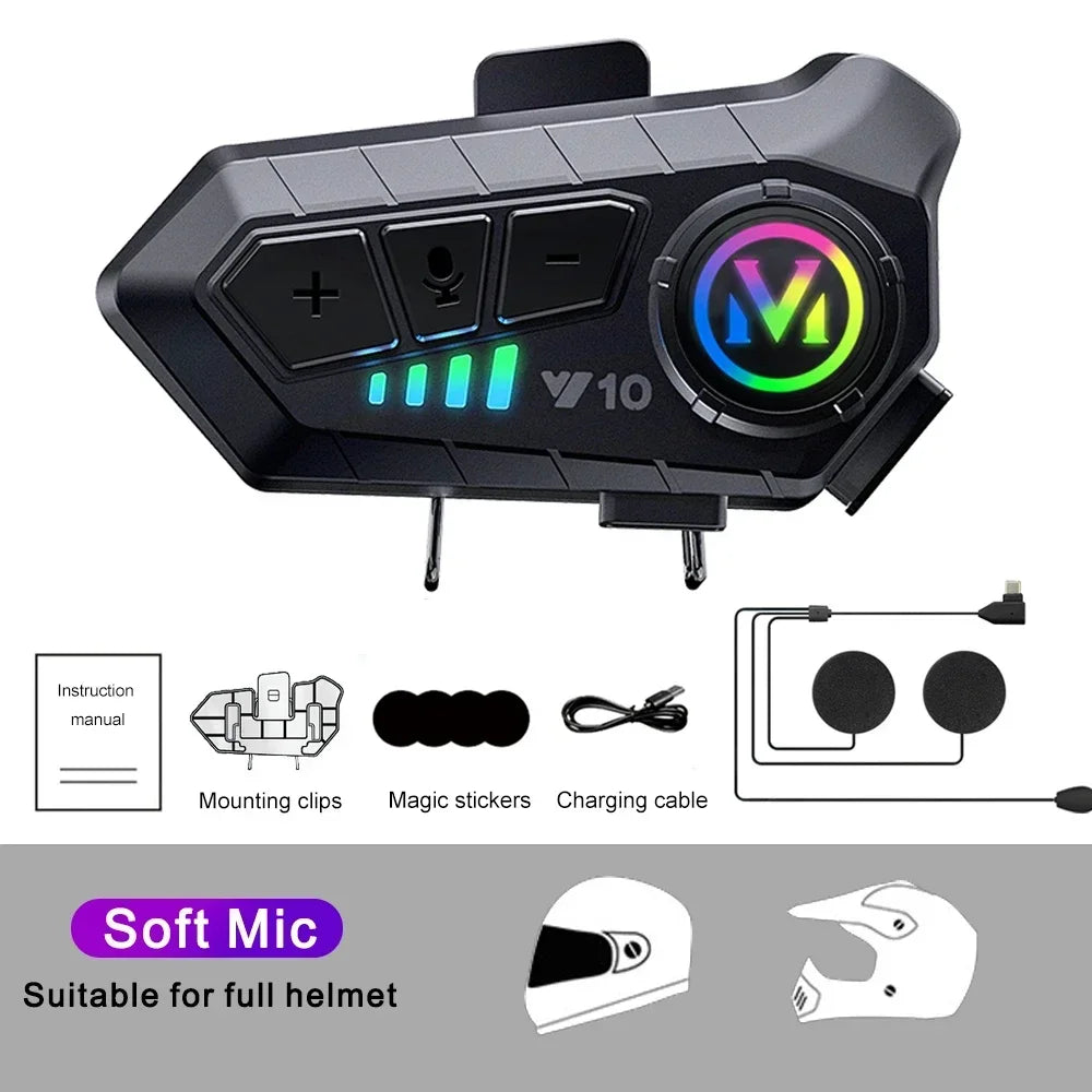 Y10 Motorcycle Helmet Headset Stereo Voice Control Bluetooth 5.3 Hands Free Call IPX6 Waterproof 1000mAh With Ambient Light