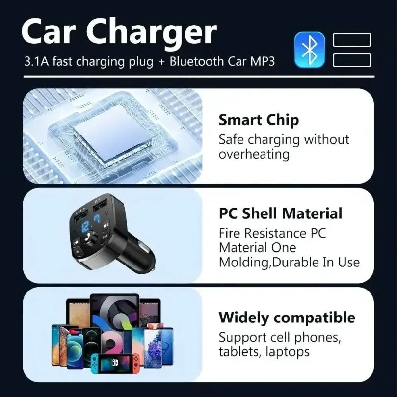 Bluetooth 5.0 LED MP3 Car Bluetooth FM Audio Receiver Hands-Free Transmitter 2.1A 3.1A QC3.0 PD Type C Dual USB Car kit Charger