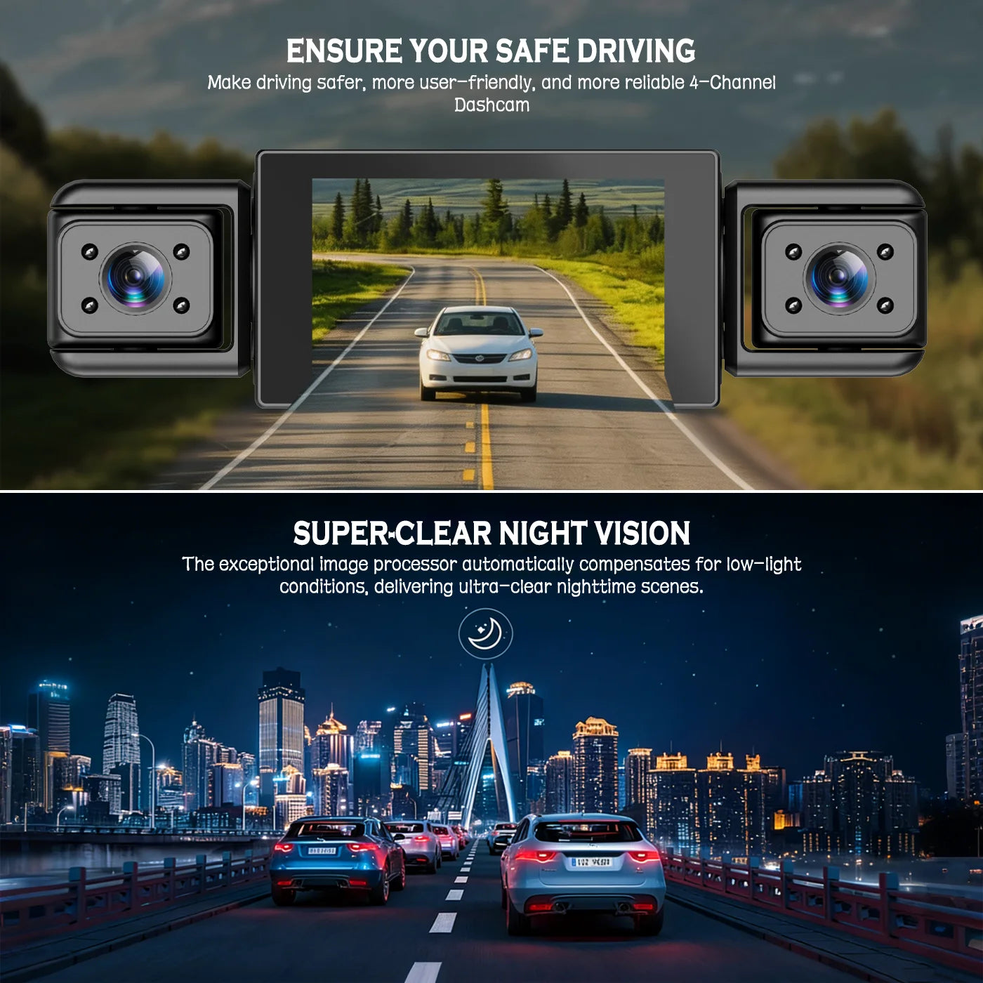 BCUOZ 4-Lens 360° Dashcam with Super Night Vision - 1080P Front 720P Rear Left Right Car Cameras G-Sensor Loop Recording WDR 12-24V Plug Power Supply Optional 64GB Memory Card