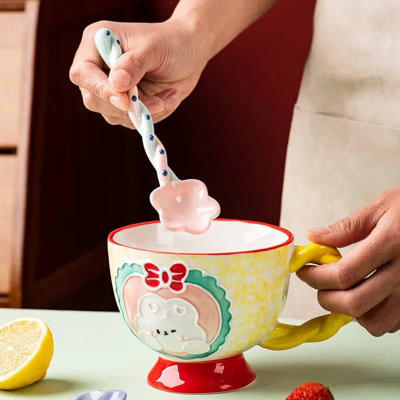 Ceramic Flower Soup Spoon Household Ice Cream Hand Painted Dessert Stirring Spoon with Long Handle Kitchen Tableware Accessories