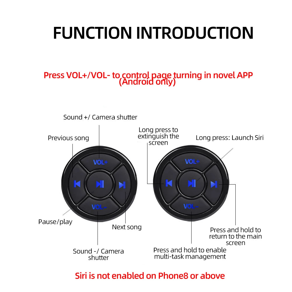Wireless Bluetooth 5.0 Remote Controller Media Button Car Motorcycle Bike Steering Wheel Music Play for IOS Android Phone Tablet