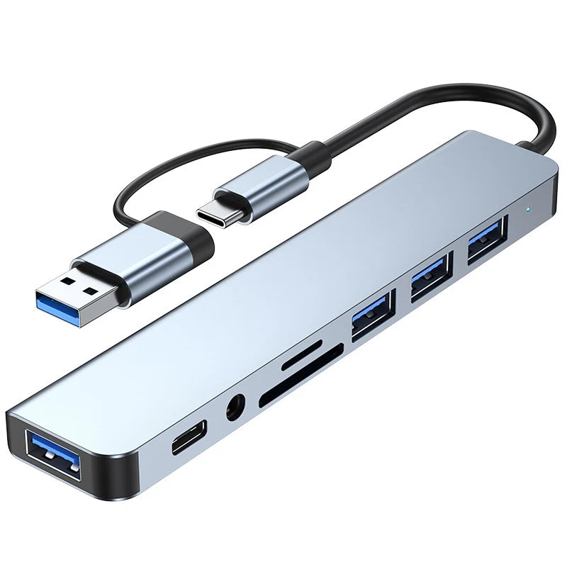 8 in 2 USB +Type C HUB Docking Station with 3.5mm Audio Jack Adapter for Micro SD Card Reader Laptop Tablet Phone Disk Converter