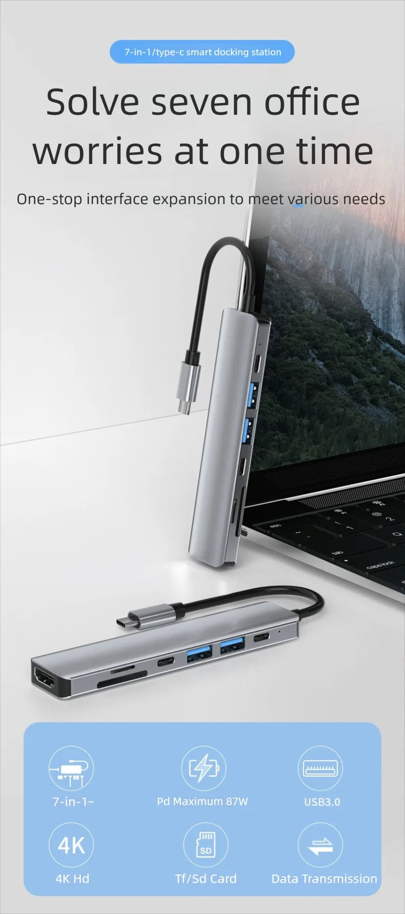 USB C Docking Station TYPE-C HUB to HDMI 4K 30Hz with Screen off Button USB 3.0 5Gbps HUB 87W Fast Charging for MacBook