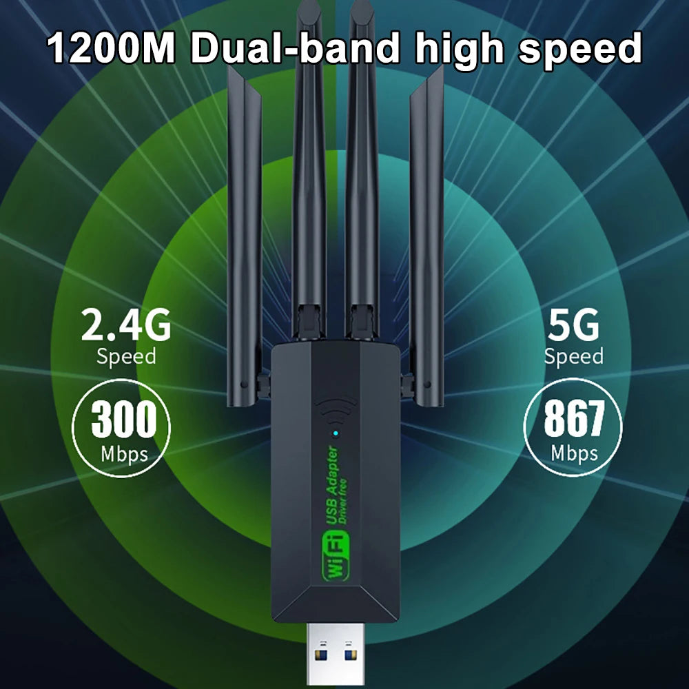 Original USB 3.0 WiFi 6 Adapter 802.11AX 4-Antenna 1200Mbps Dual Band 2.4G 5G For Windows 10/11