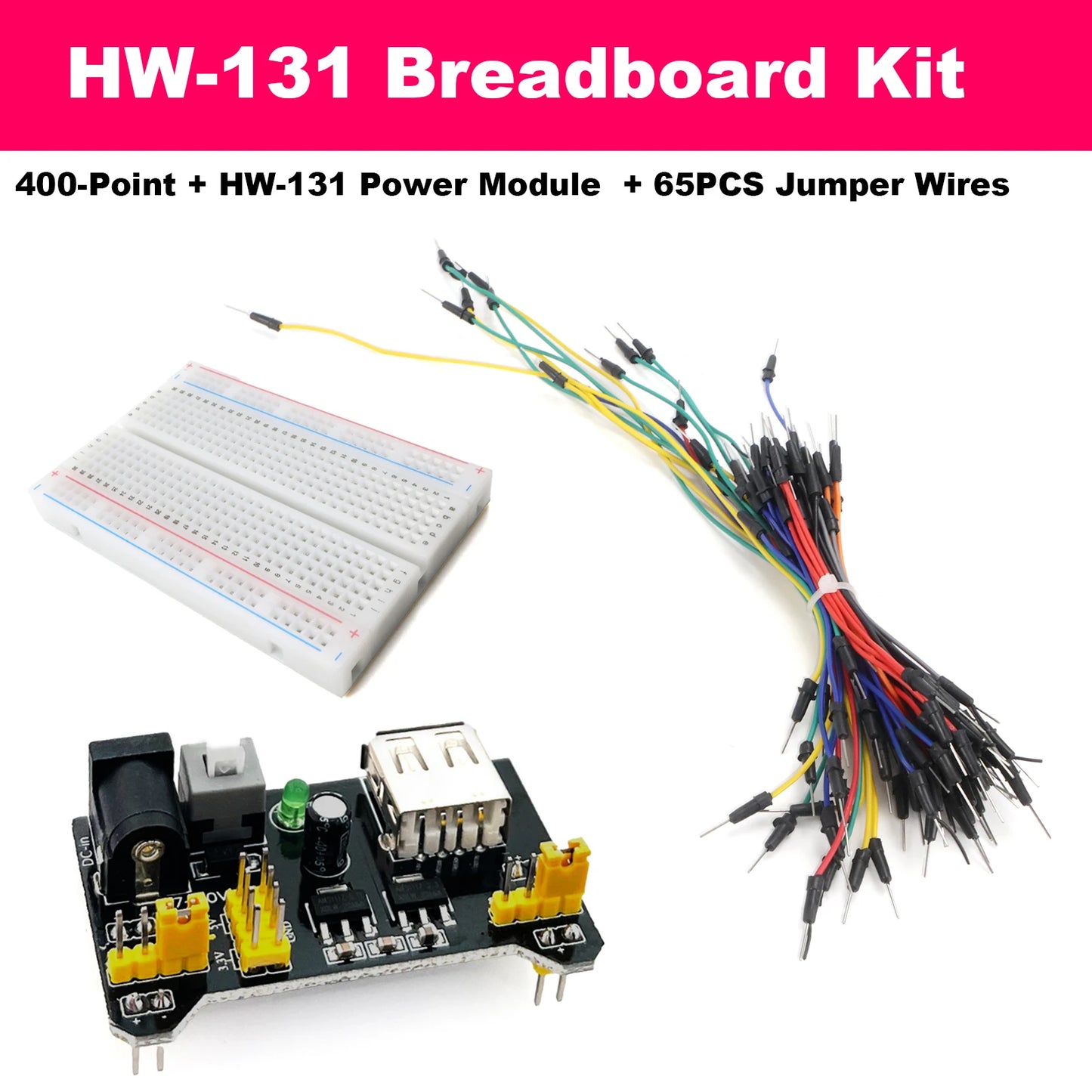 Solderless Breadboard Kit 830 Point 400 Point MB-102 HW-131 Power Module 3.3V 5V 65PCS Jumper Wire Set for Arduino Raspberry Pi