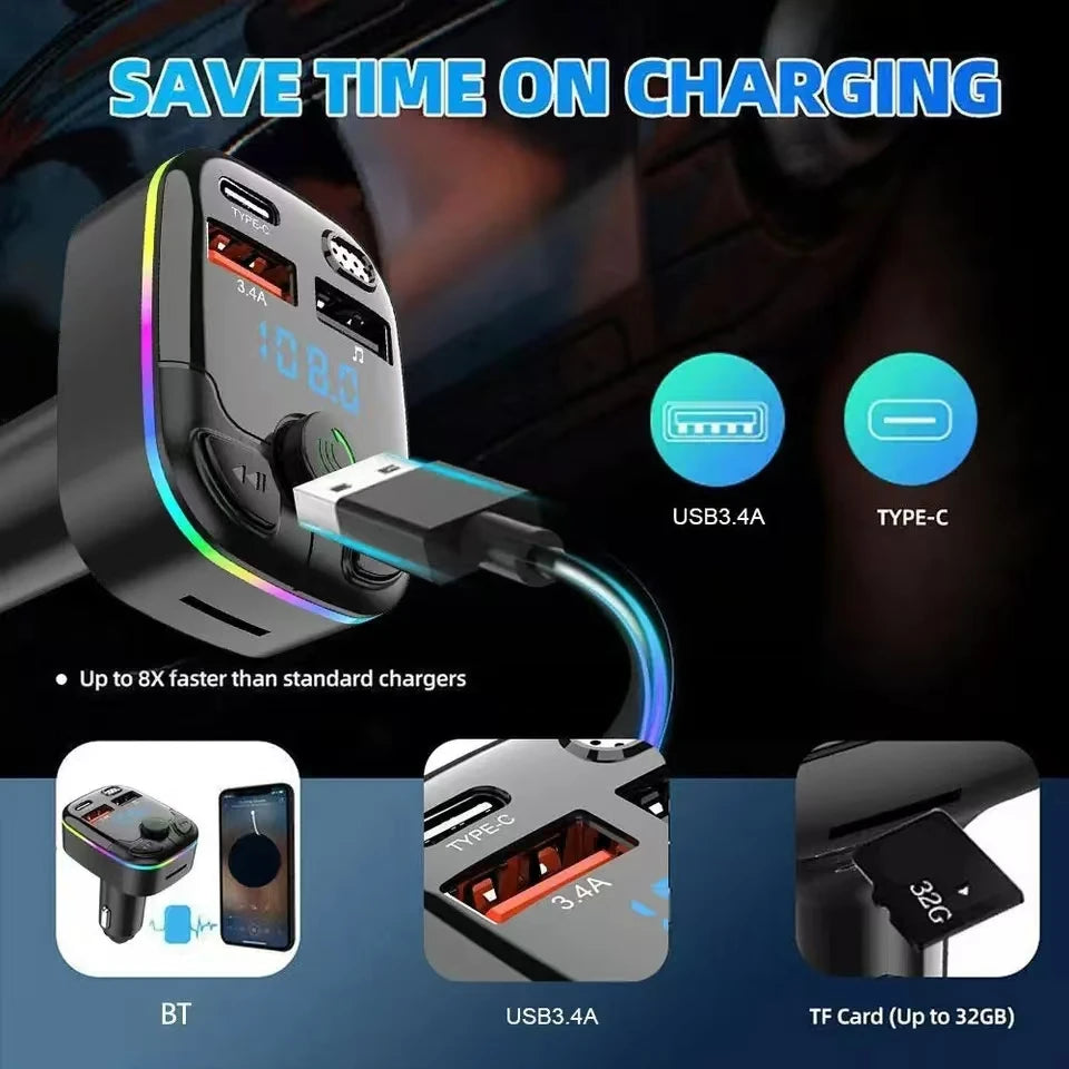 Car Charger Bluetooth 5.0 FM Transmitter Handsfree PD Type-C Dual USB Ambient Player MP3 Charger Type-C Wireless Light