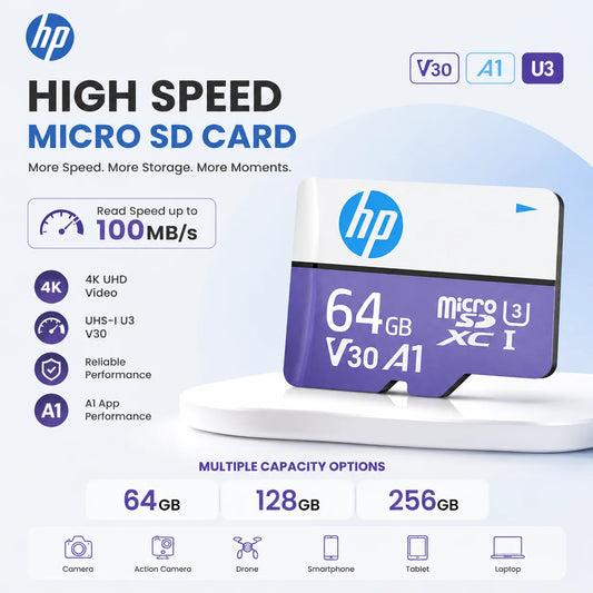 HP Micro SD Card 64GB 128GB 256GB U3 V30 A1 TF Memory Card High Speed 4K UHD Video Card for Camera Phone Dash Cam