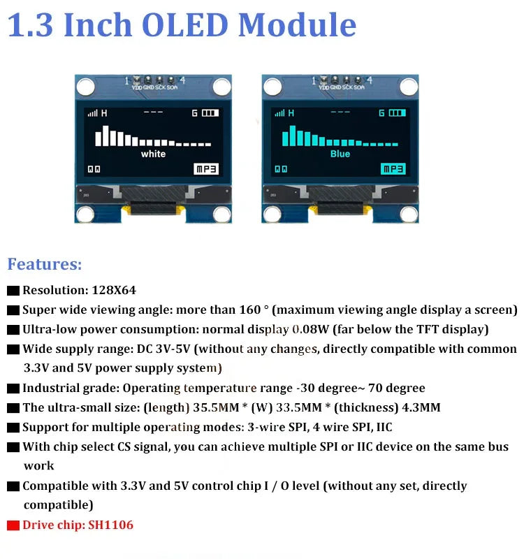 1.3" OLED LCD Display Module SH1106 128X64 IIC I2C SPI White/Blue Color Screen Breakout Board for