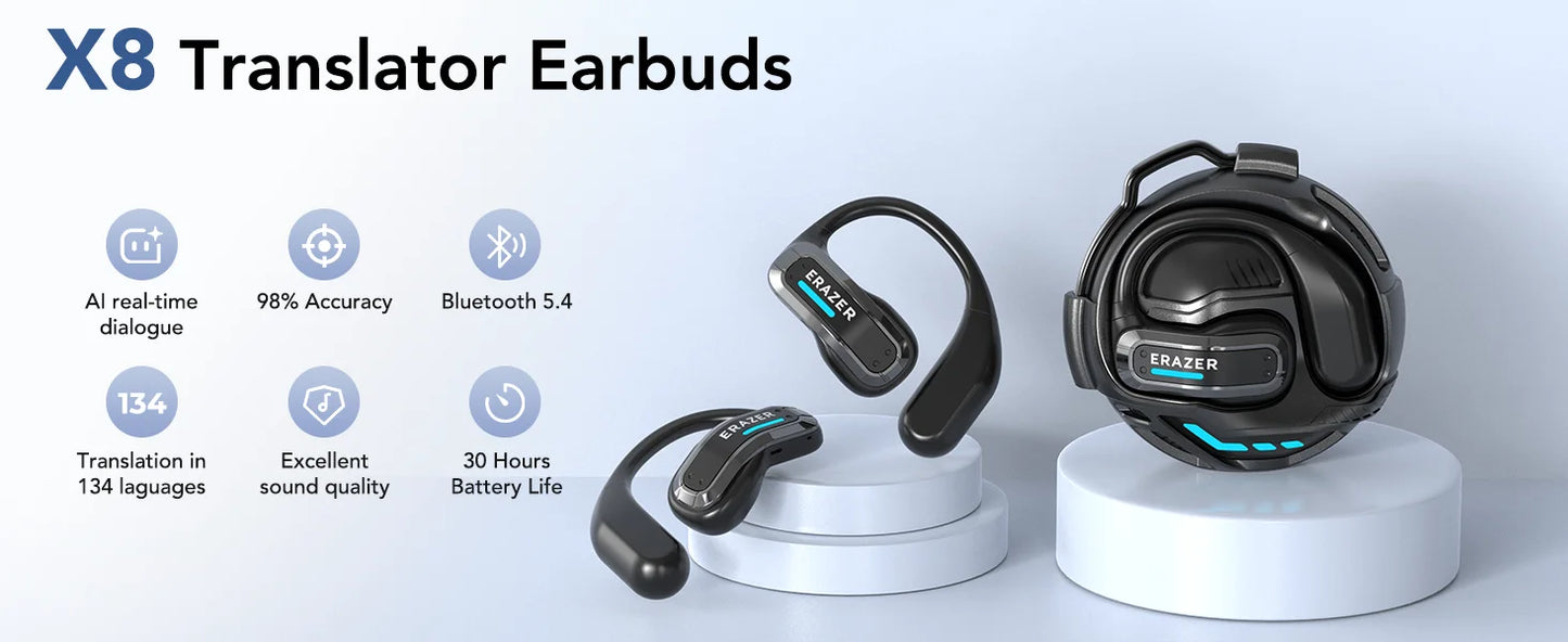 ERAZER X8 AI Translator Earbuds Gaming Bluetooth 5.4 Wireless Headphones Low Latency HD Call Earphones with Mic Waterproof