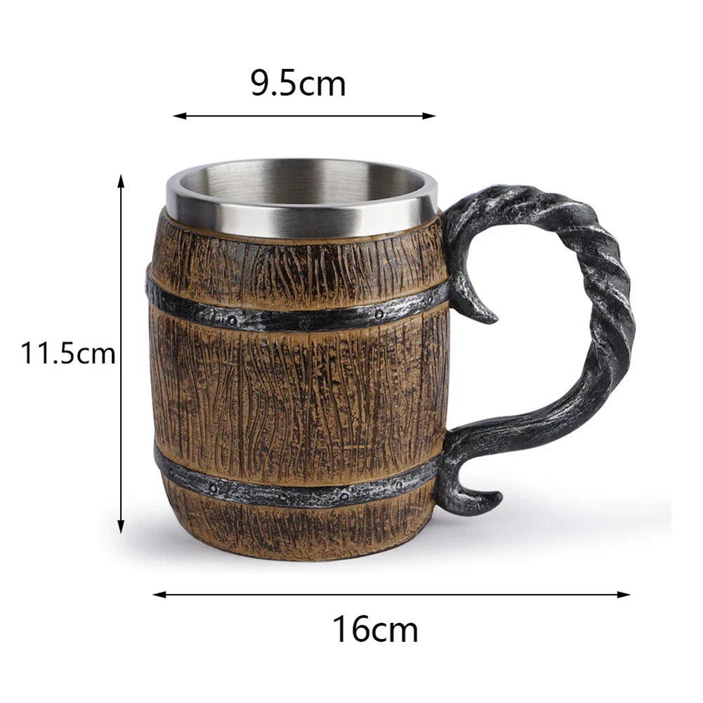 Wooden Barrel Beer Cup Stainless Steel Beer Mug Double Wall Drinking Cups Viking Style Vintage Coffee Mugs Kitchen Supplies