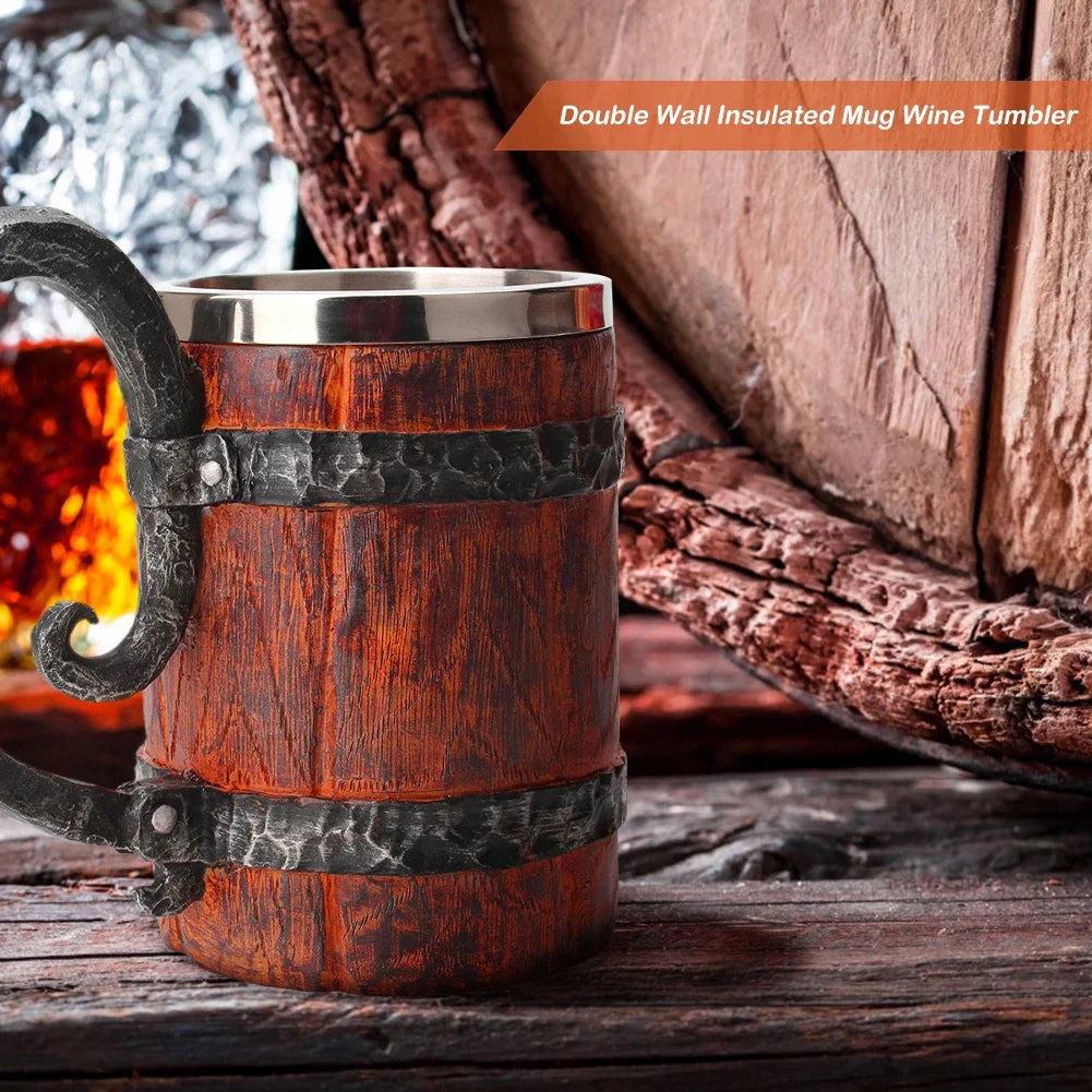 Wooden Barrel Beer Cup Stainless Steel Beer Mug Double Wall Drinking Cups Viking Style Vintage Coffee Mugs Kitchen Supplies