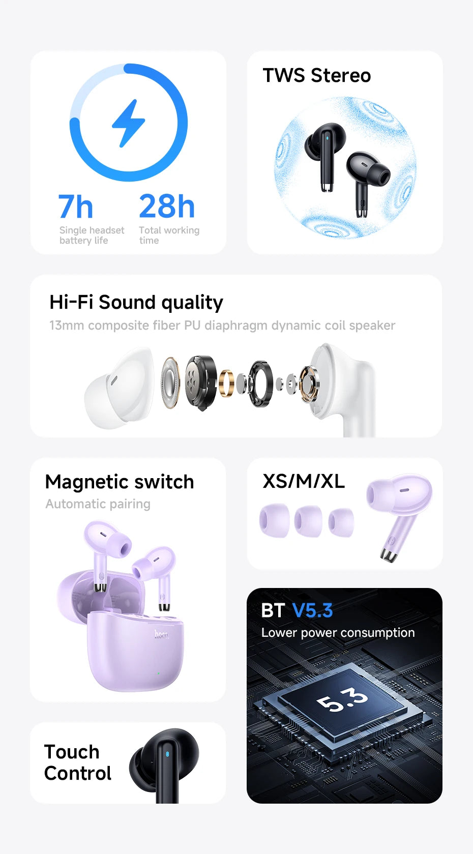 HOCO EQ2 True Wireless Bluetooth 5.3 Earbuds Touch Control Stereo In-Ear Headphones Built-In Microphone Sports Compatible